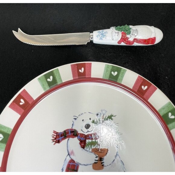 Pfaltzgraff Snow Bear Christmas Round Cheese Tray Trivet with Knife 8.5" Polar - Picture 4 of 9